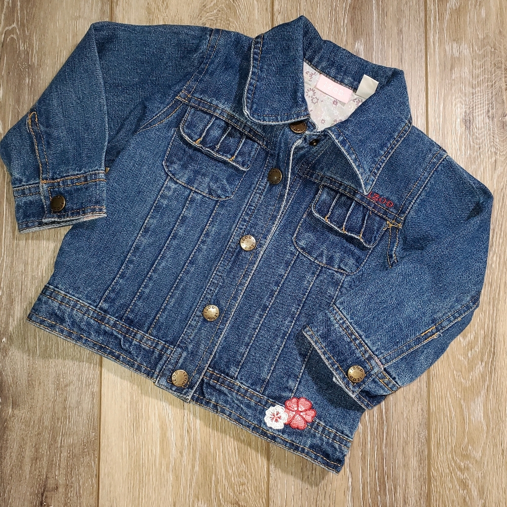 Izod toddler girl's denim jean jacket , pink floral embroidery Size 24 Months